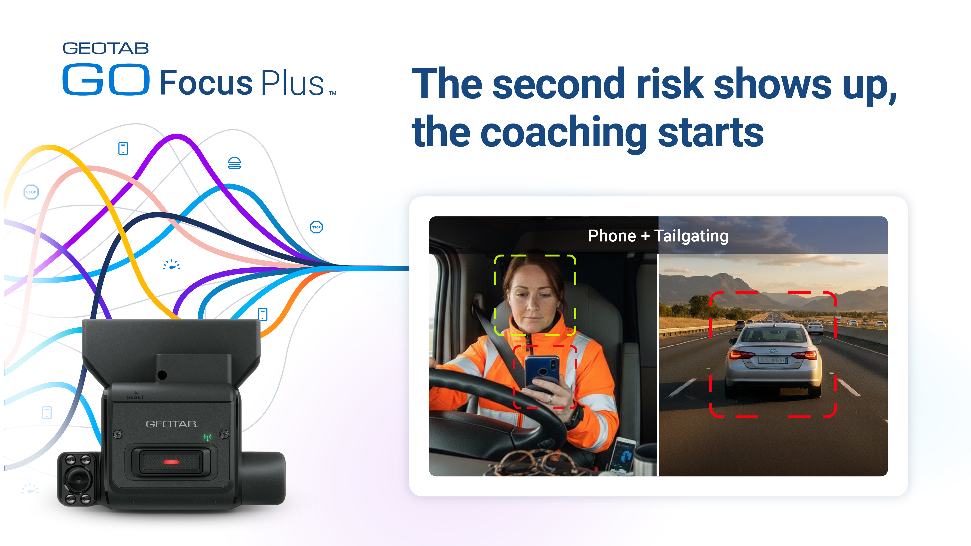 Geotab GO Focus Plus video telematics. It shows the device and its interface detecting a driver on their phone and tailgating, illustrating the coaching feature.