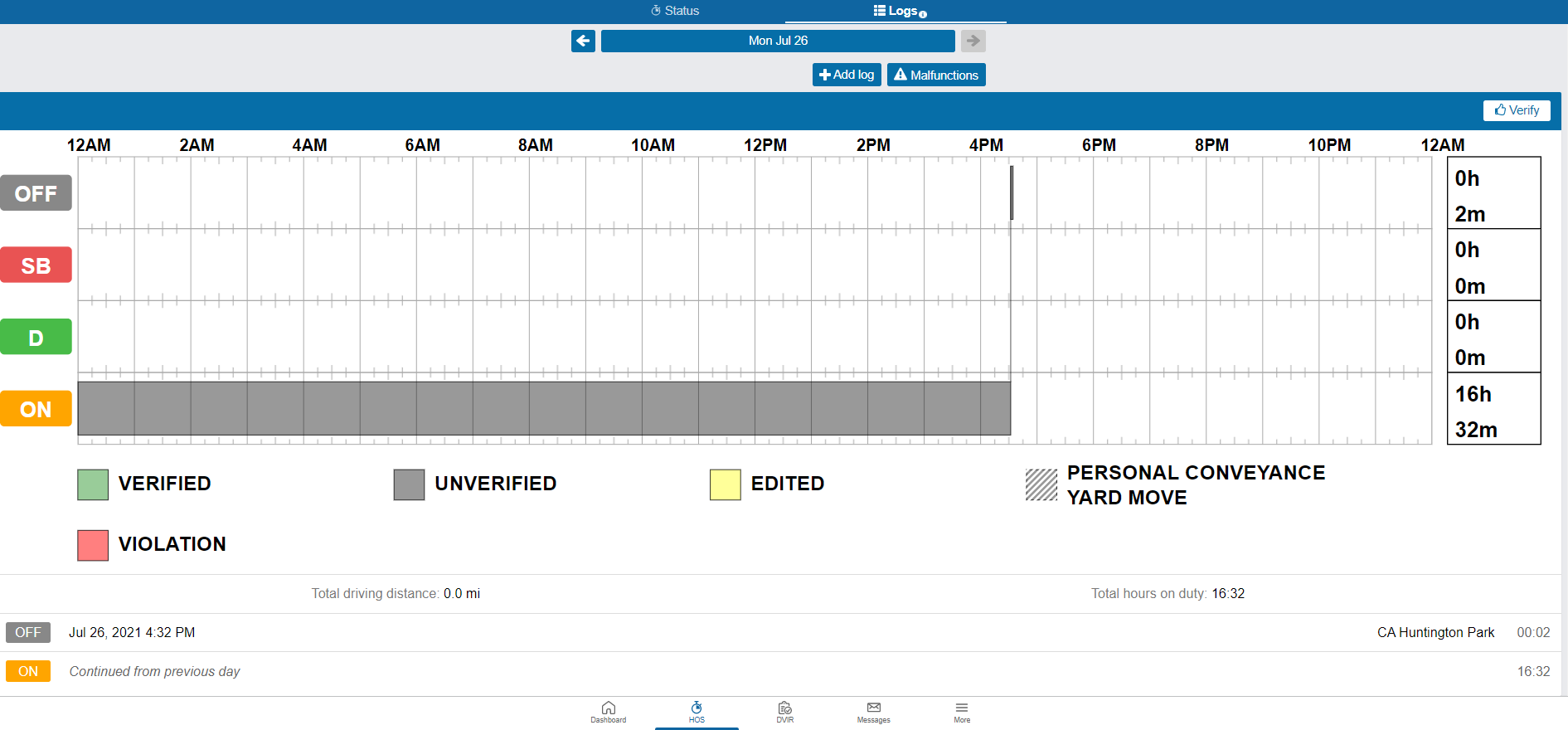 Previous 14 days of logs are available in the HOS section of the Drive App that must be displayed during inspection.