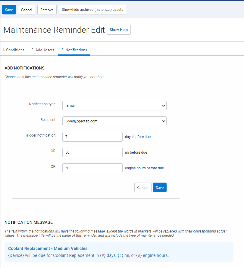 maintenance reminder edit