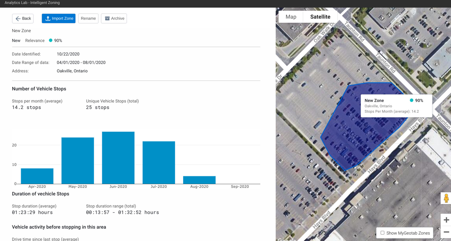 Intelligent zoning app UI showing map view of a fleet zone.