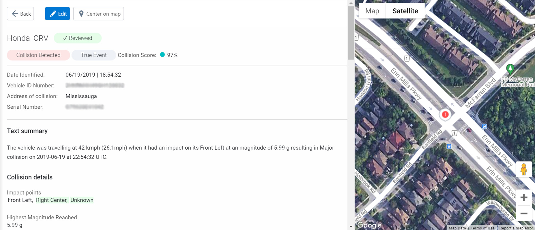 Collision detection app UI showing a satellite view of a collision event and its details.