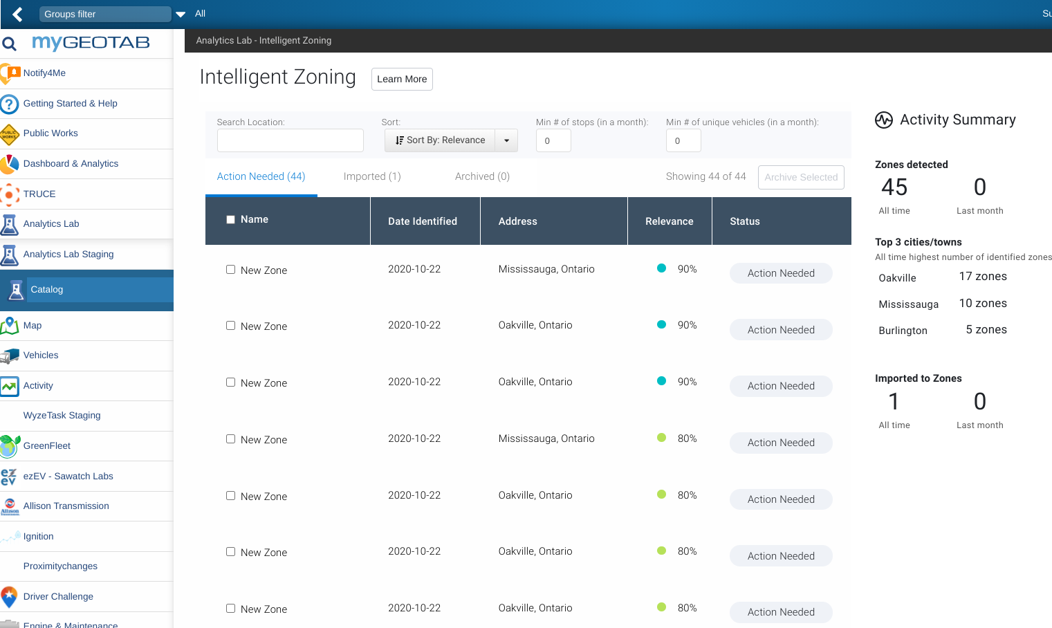Intelligent zoning app UI showing detected fleet zones.