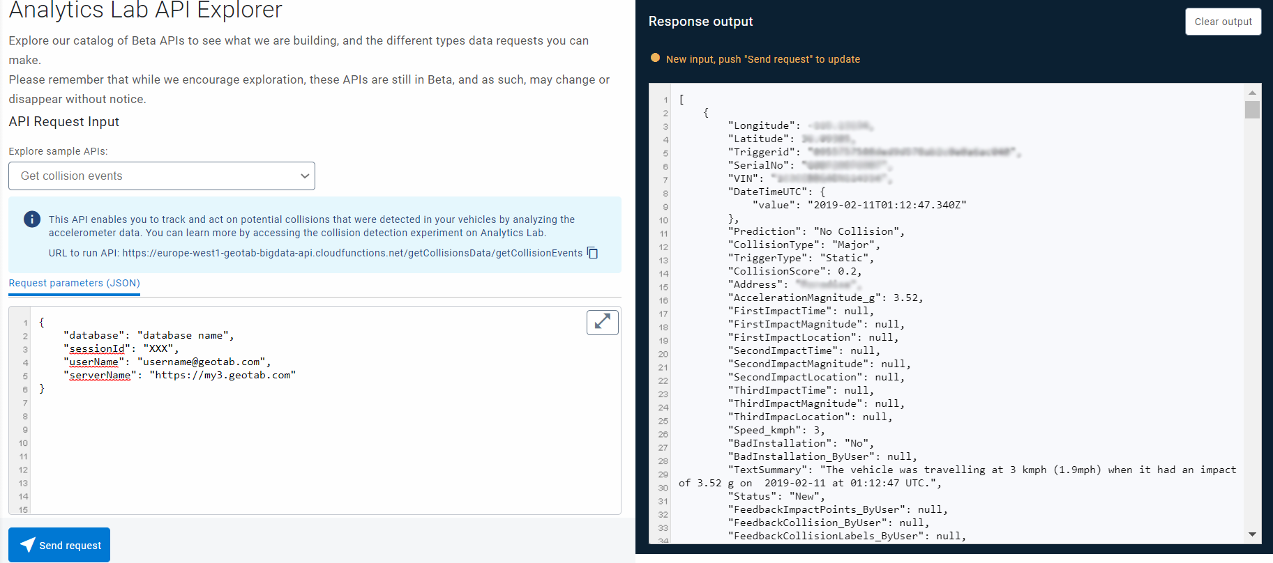 API explorer app UI showing collision events API.