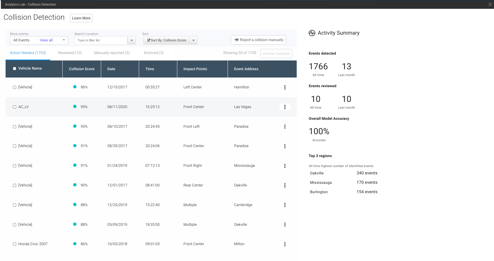 Collision detection app UI showing detected collision events.