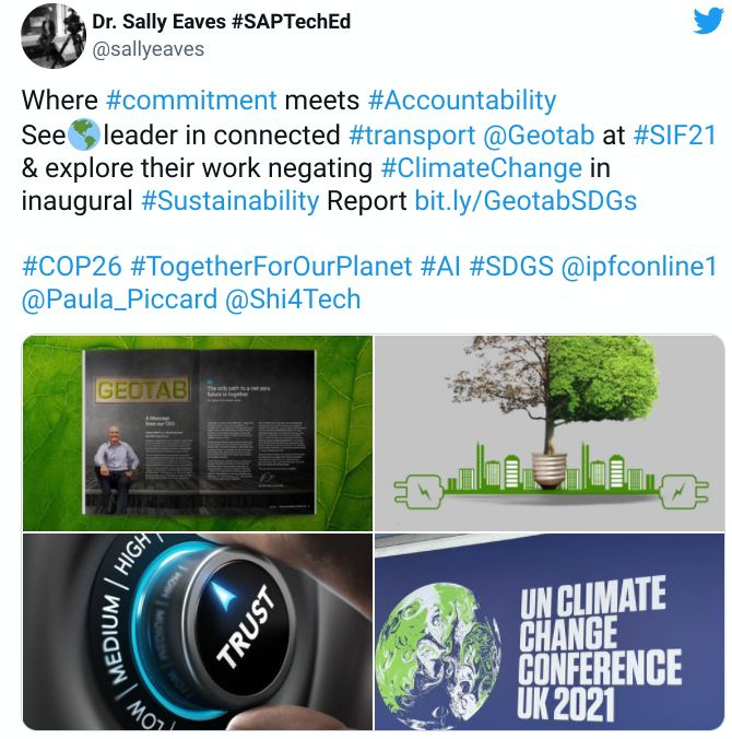 Dr. Sally Eaves’ post on Twitter speaking about Geotab’s commitment to negating climate change.