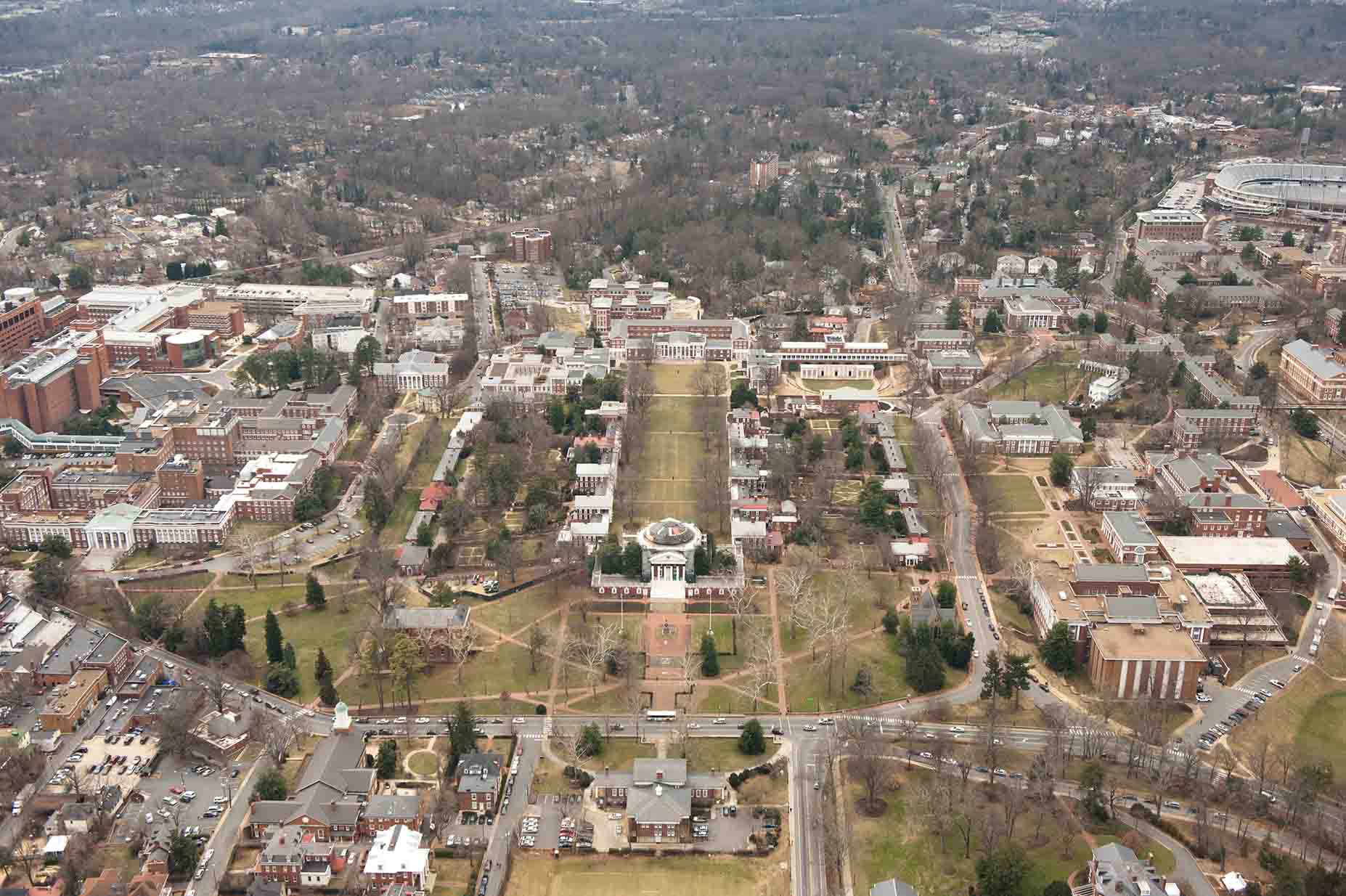 An aerial shot of Charlottesville, Virginia