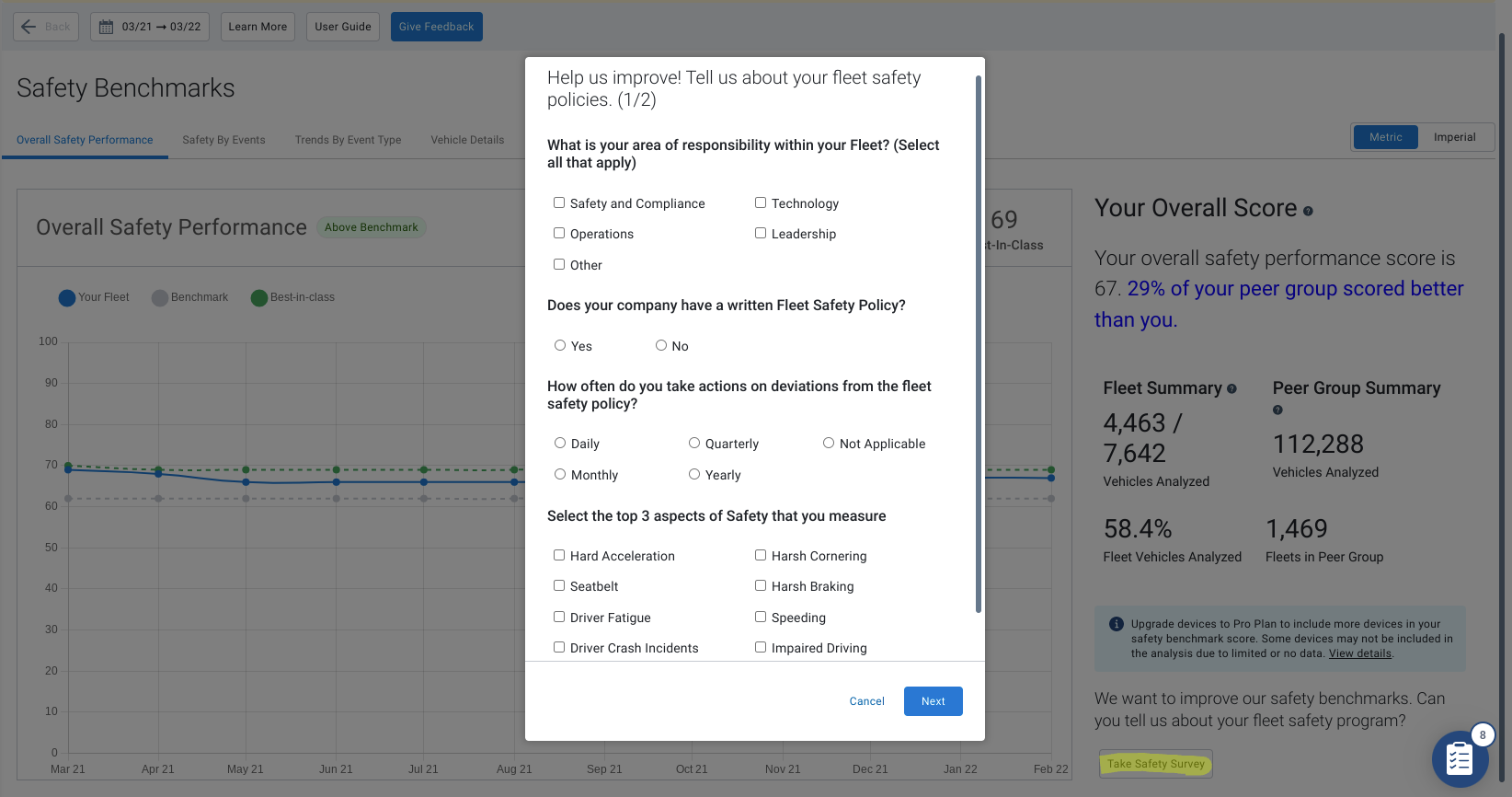 A screenshot of the Fleet Safety Benchmarking survey