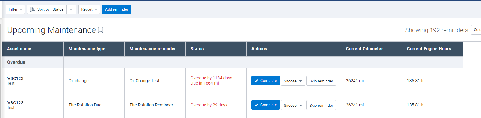 Upcoming Maintenance Report