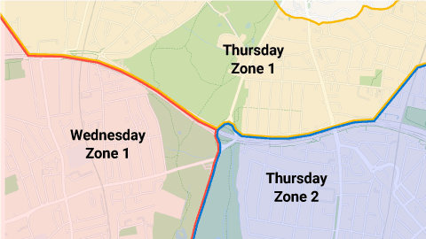 Mapa com geocercas coloridas representando diferentes zonas de rastreamento e monitoramento de frota por dia da semana.