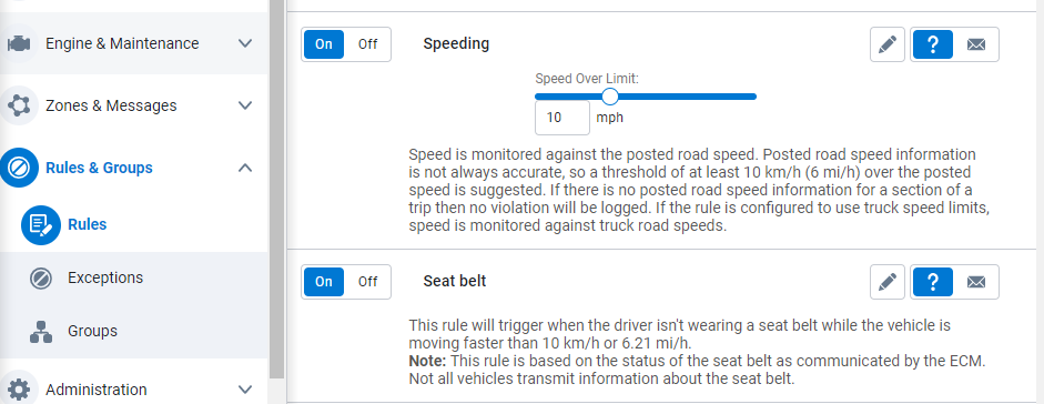 A screenshot showing rules set around speeding and seat belt safety. 