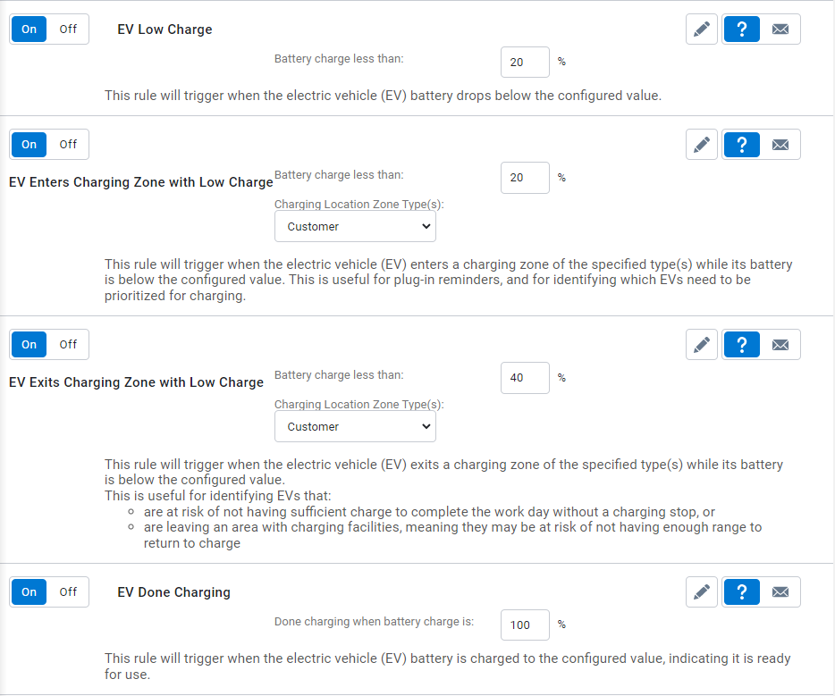 A screenshot showing rules set around EV charging