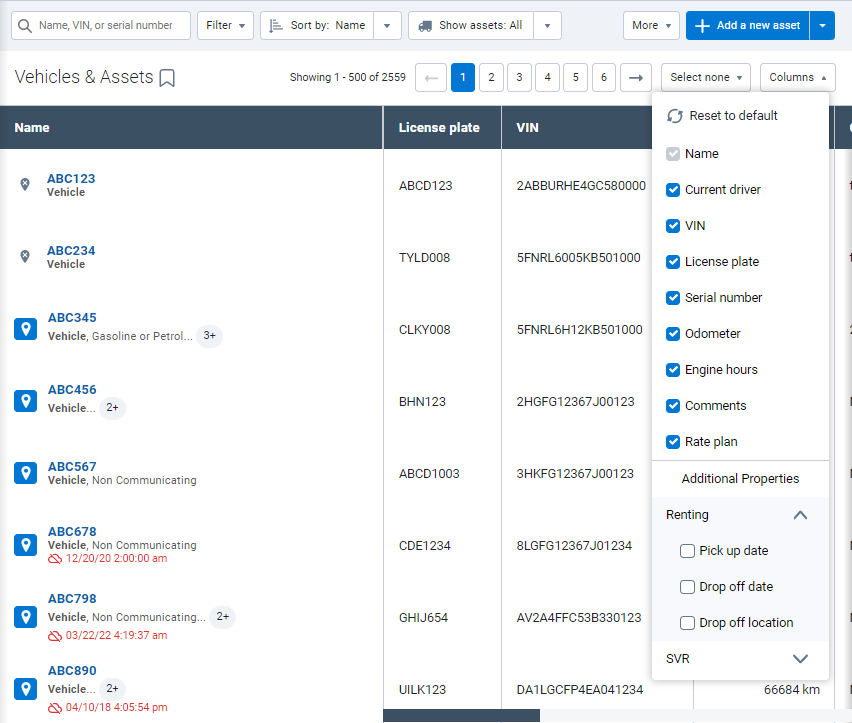 Vehicles & Assets page - Add additional properties to reports