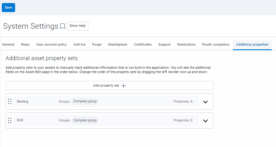 System Settings page - Additional asset property sets