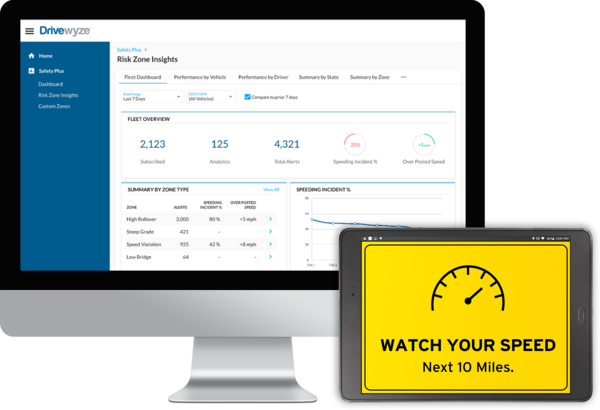 Drivewyze software with an example of a speed warning 