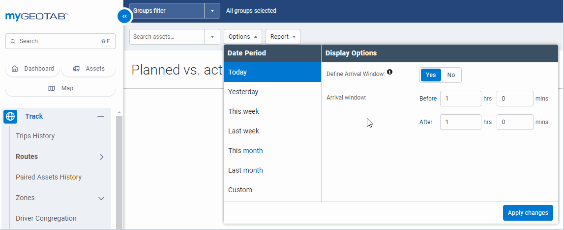 Arrival Window under Options dropdown