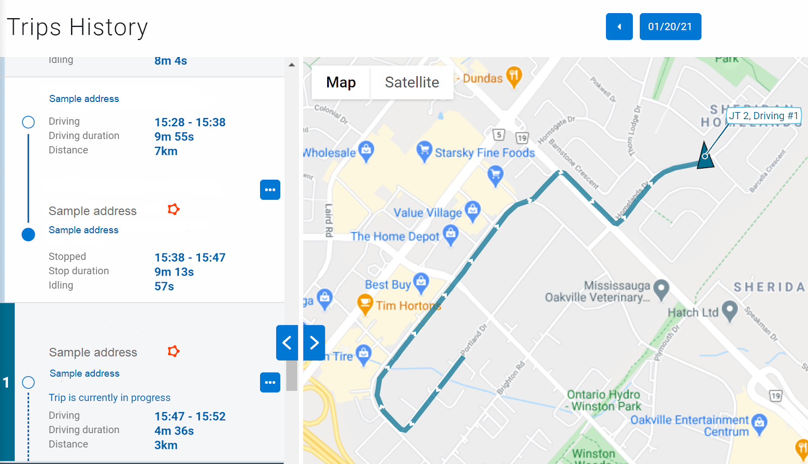 Map showing latest and current in progress trip