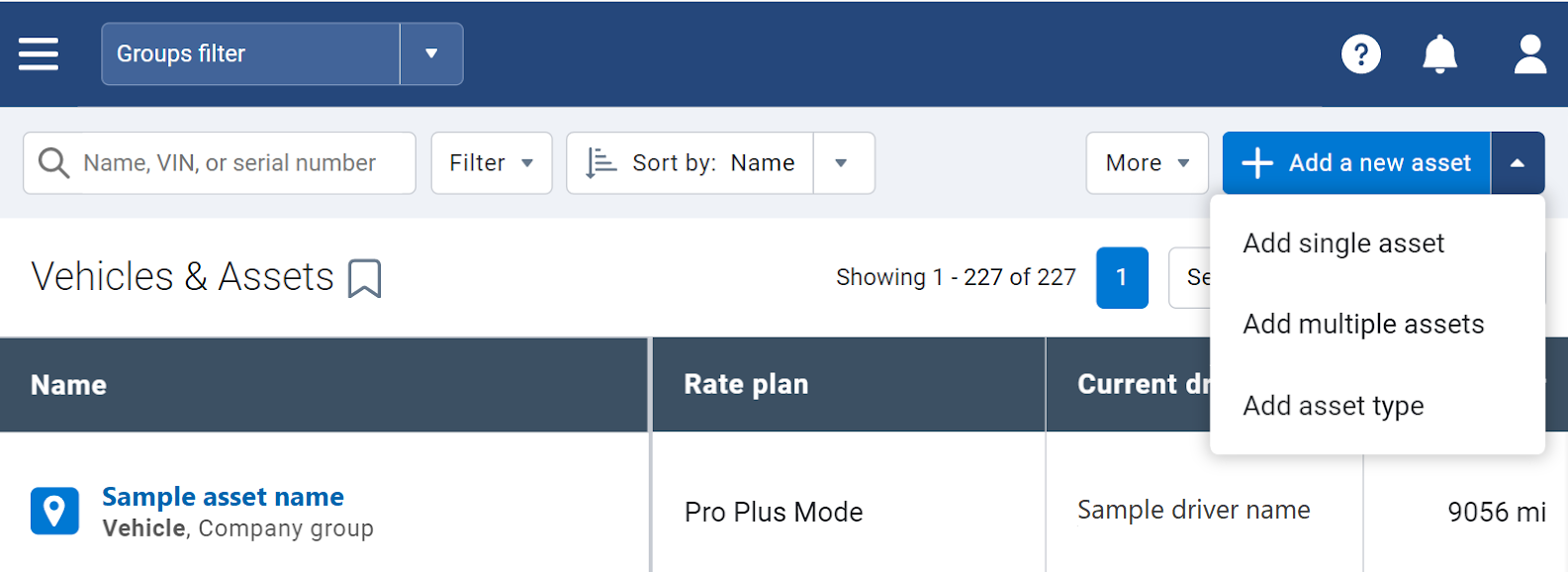 Add a new asset button on Vehicles & Assets page.