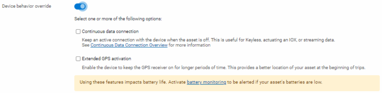 Device behavior override toggle with Continuous data connection and Extended GPS activation options
