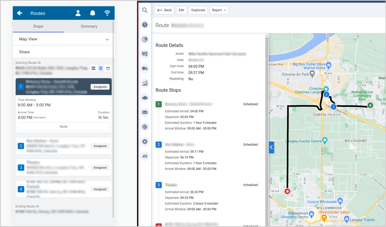 Side-by-side Routes view on the Drive App and MyGeotab