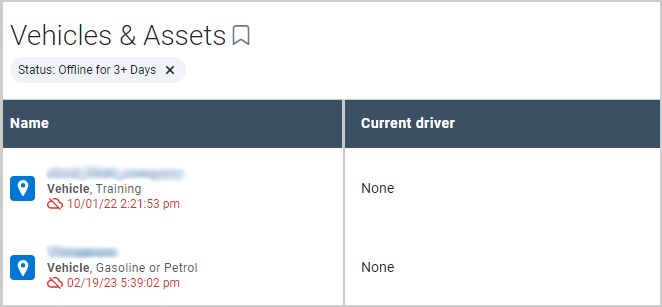 Table on the Vehicles and Assets tab, with two pre-filtered offline devices.