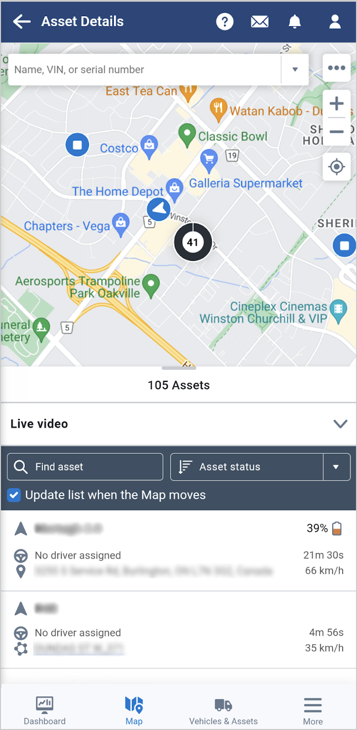Map with Asset list and details shown in new mobile layout