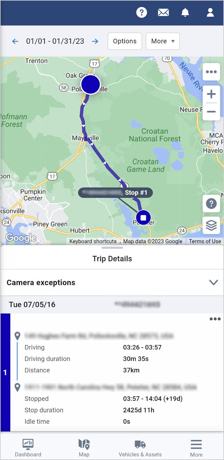 Trip Details history mobile layout