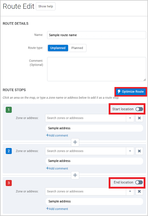 Optimize Route button, Start Location, End Location toggle on the Route Edit page.