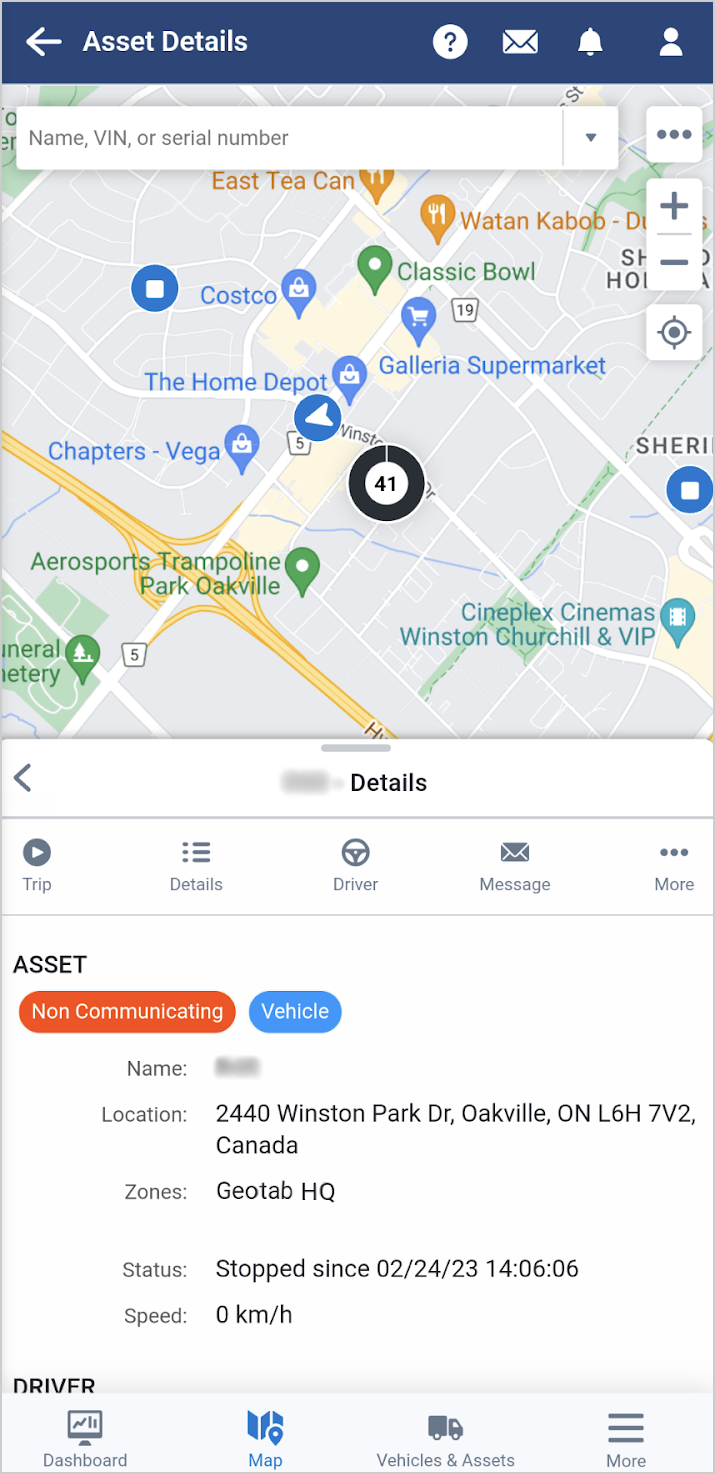 Asset details shown in the collapsible window as part of the new mobile Maps layout 