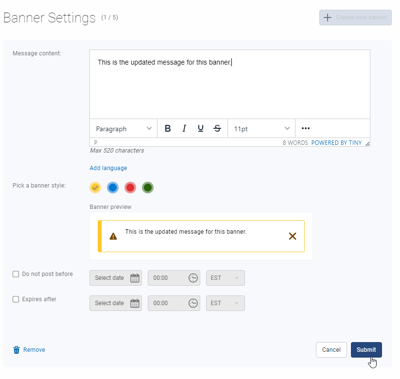 Banner Settings edit screen with cursor hovering over submit