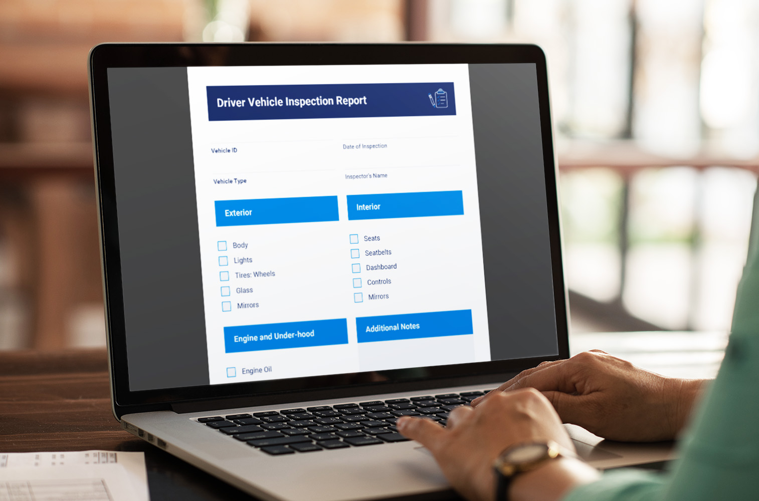 vehicle inspection checklist that covers exterior inspection, interior inspection, and under-hood inspection.