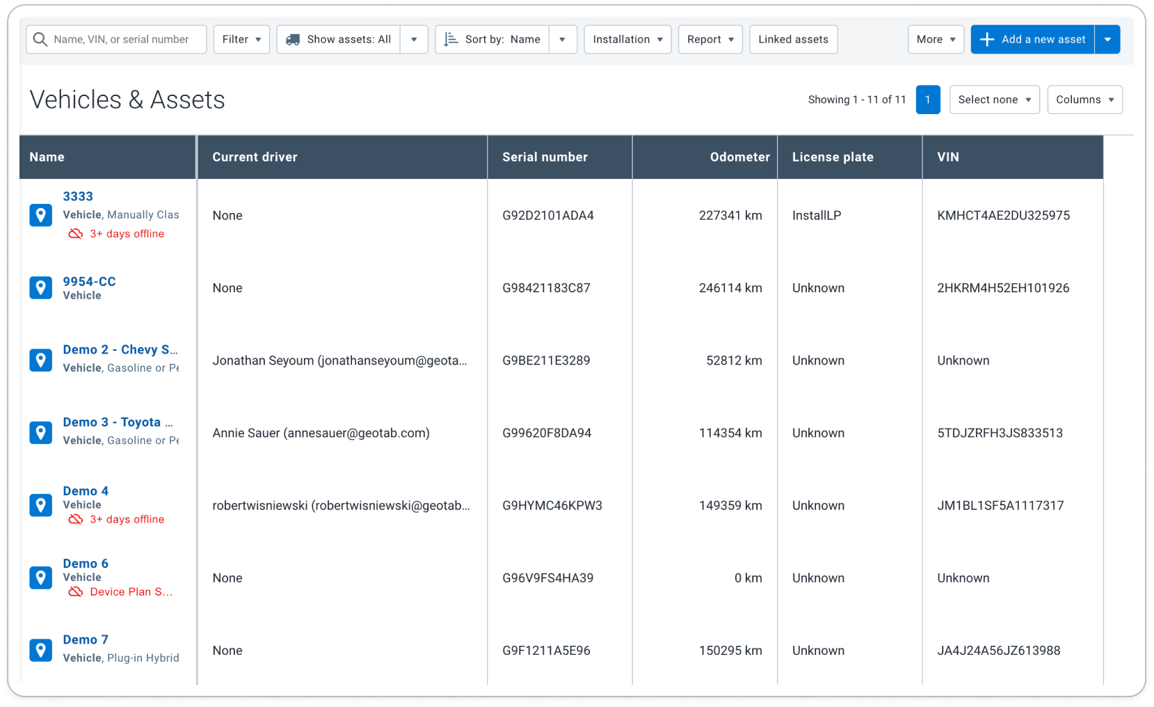 Previous Vehicles & Assets page