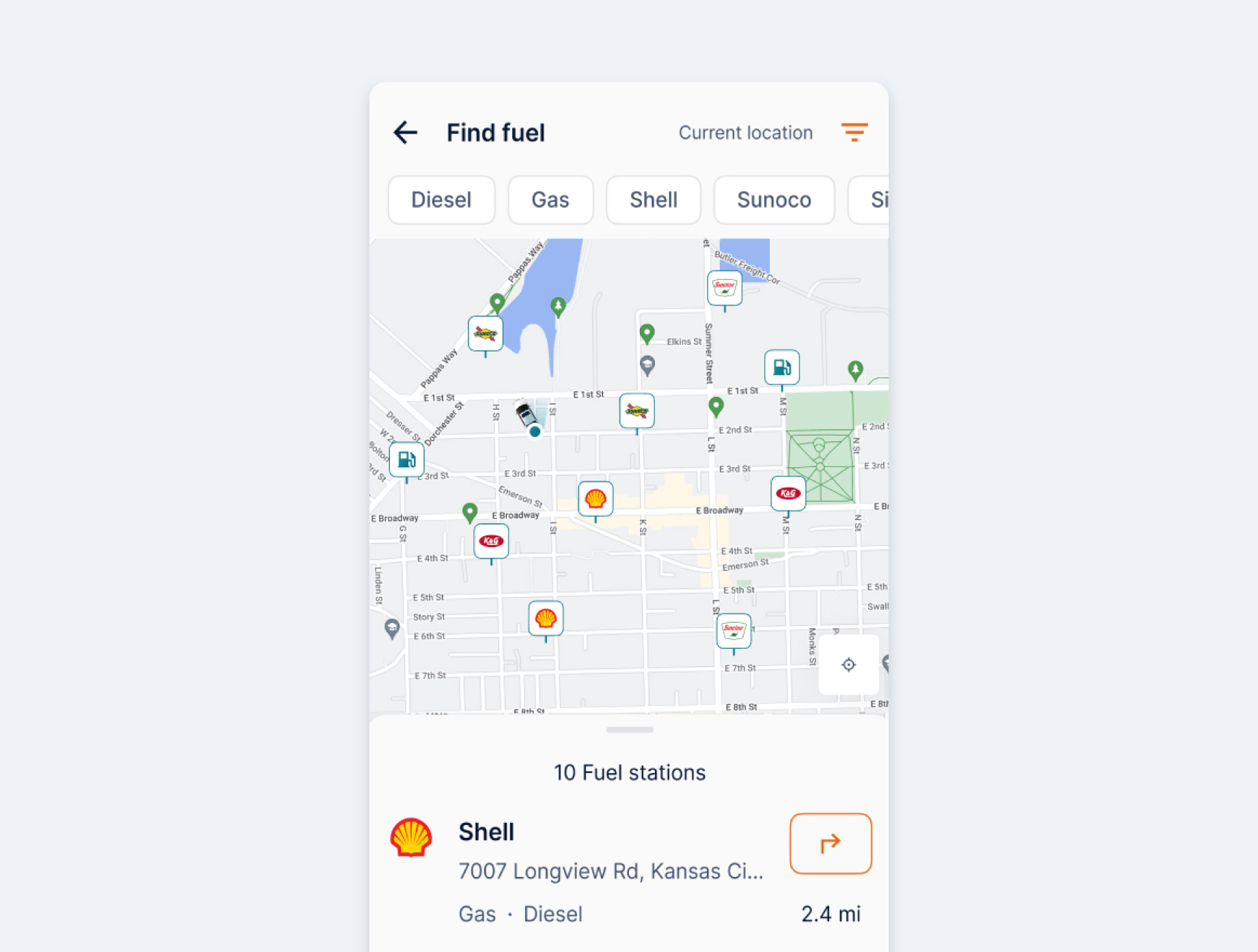 Screenshot of Car IQ mobile app fuel map.