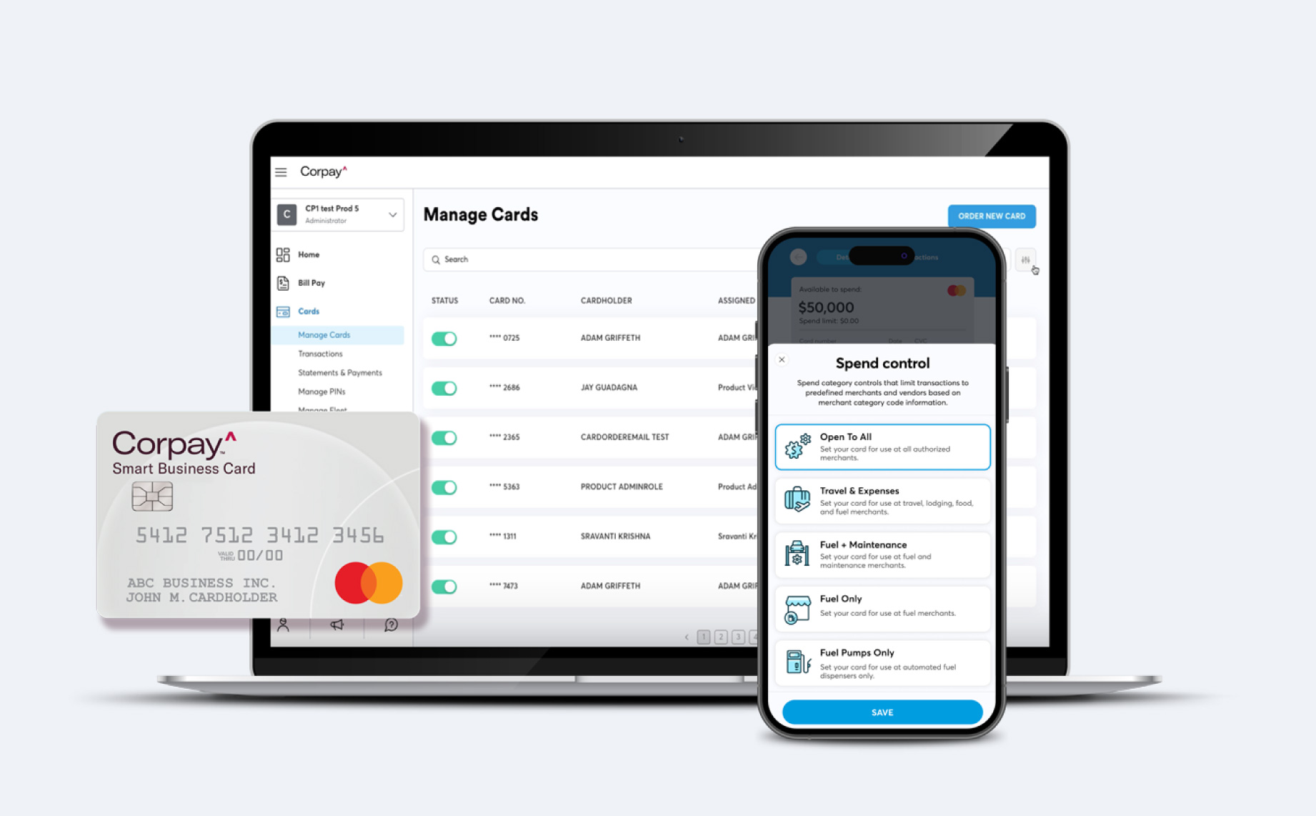 screenshot of the Fuel Card Integration manage card screen