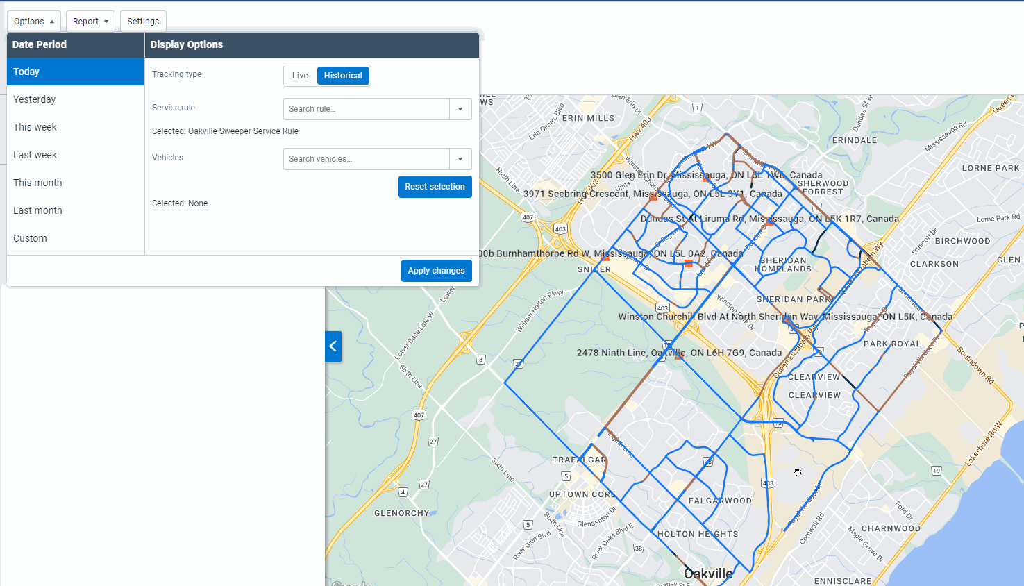 An example of live route progress being viewed within MyGeotab.