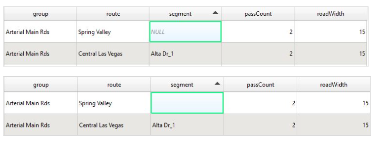 Examples of incorrect attribute tables. NULL values, zero values for the roadWidth category or blank necessary attributes will result in a failed upload to MyGeotab. Any included integers also must be free of decimal points: