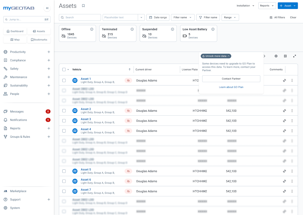 Asset list with some blurred out for incompatibility