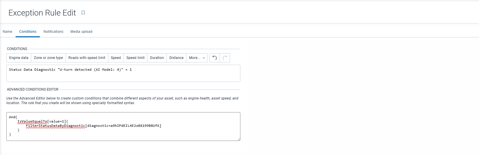 Exception rule editor showing the advanced condition required to monitor u-turns.