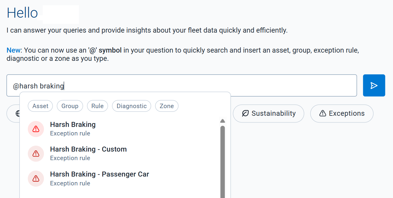 Geotab Ace interface with an entity search for harsh braking.