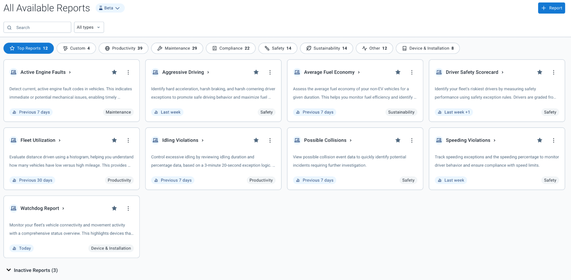 A screenshot of the redesigned “All Available Reports” page in MyGeotab software. The page displays a grid of various fleet management reports, such as “Active Engine Faults,” “Aggressive Driving,” and “Fleet Utilization.”
