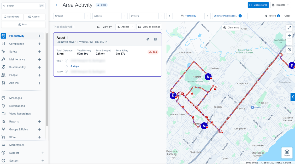 area activity feature in the trips history page (beta) on MyGeotab