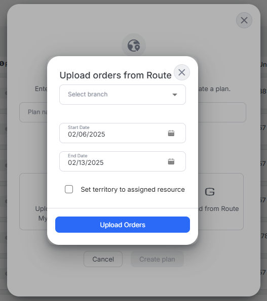 Upload order from Route window