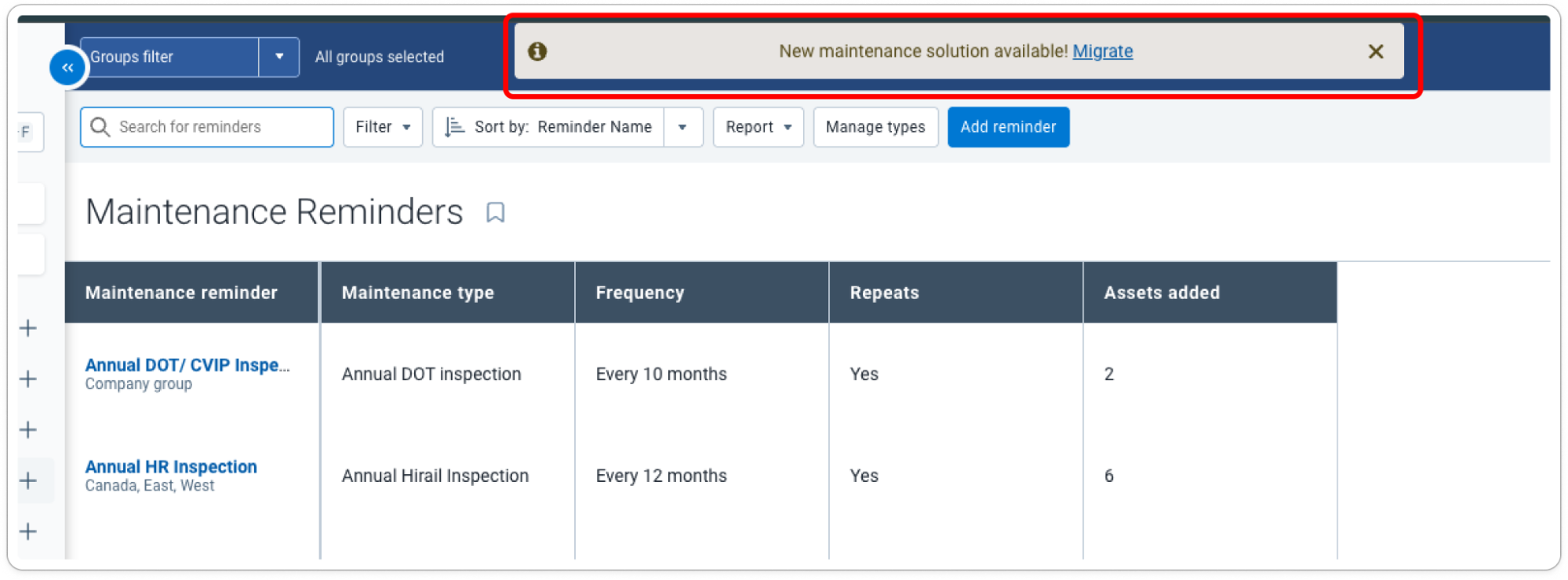 Banner notification to migrate your maintenance information