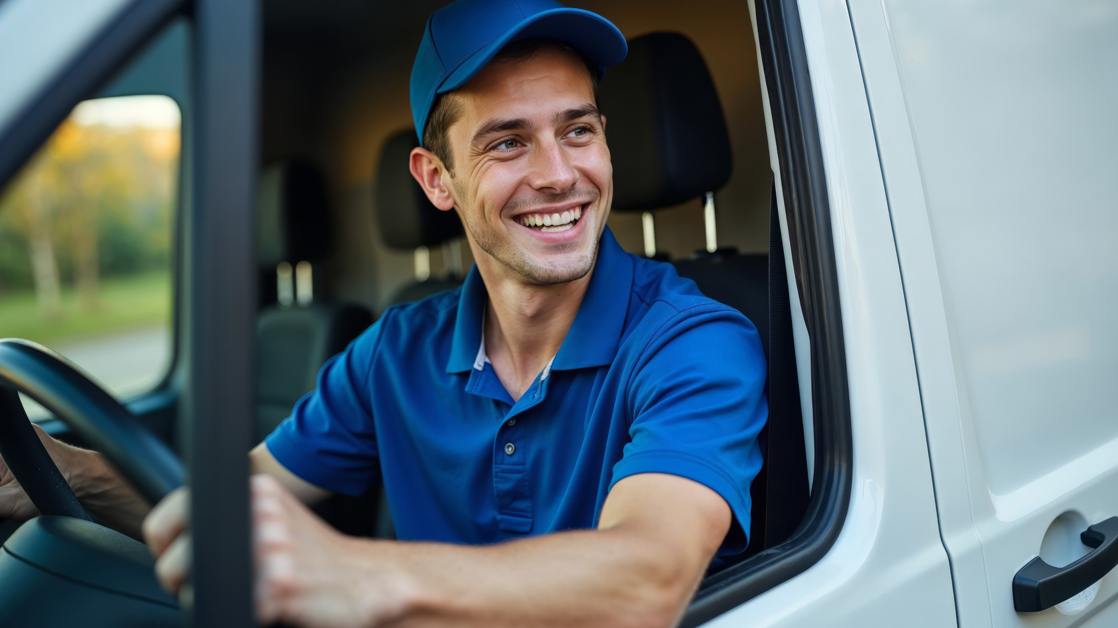 person driving a white van with arm out the window