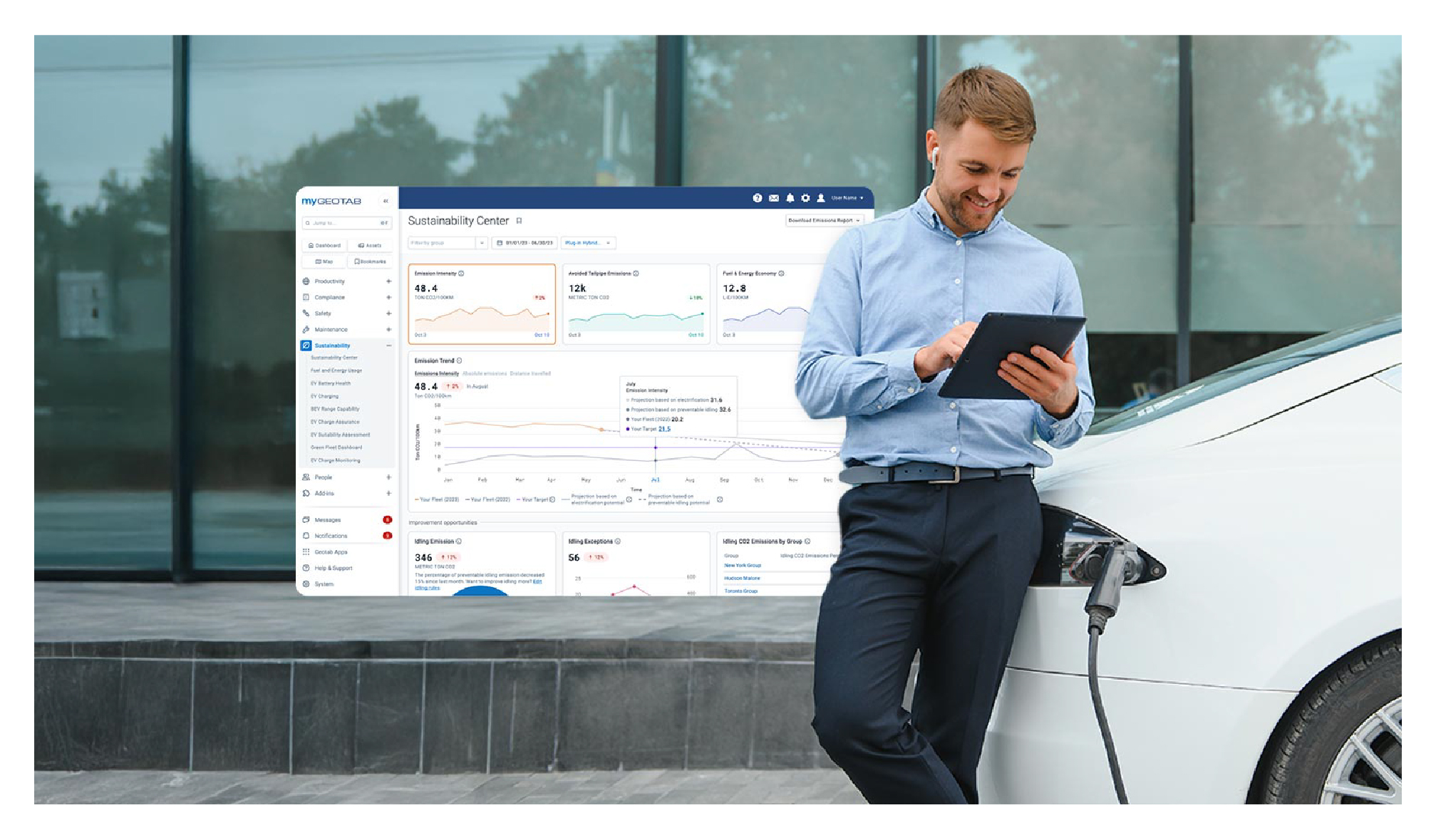man chargin electric car while using geotab sustainability center on tablet