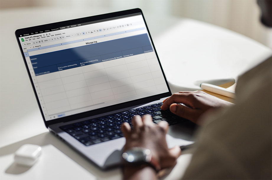 A digital mileage log spreadsheet template mockup for fleet drivers.