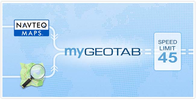 A road map and magnifying glass icon connected leading to "MyGeotab" and a speed limit sign