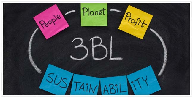 the triple bottom lines on post it notes and a black board