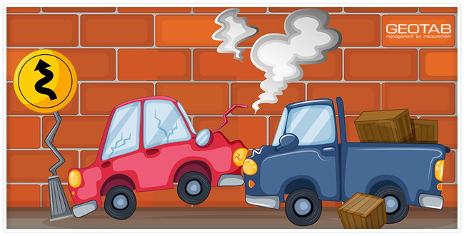 A red car crashed into a blue truck with a brick wall behind them