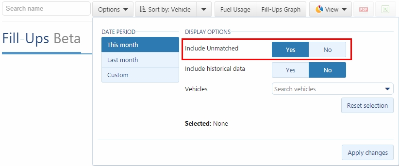 Unmatched transaction toggle in the Fill-Ups report.