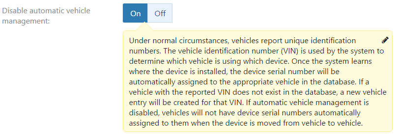 Disable automatic vehicle management toggle description.